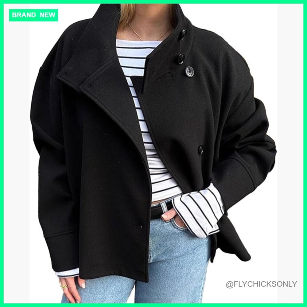 Polyester Winter Trench Coat Oversized Single Breasted Stand Collar Cropped